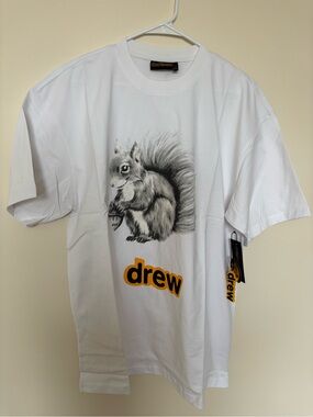 NWT drew house White Tee with Grey Squirrel Graphic and Yellow Logo